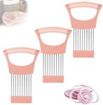 Onion Holder for Slicing, Upgraded Stainless Steel Onion Slice Holder Lemon Slicer Vegetable Cutter, Kitchen Chopper Slicing Assistant Tool for Meat, Onion, Potato, Tomato (Pink, 3pcs)