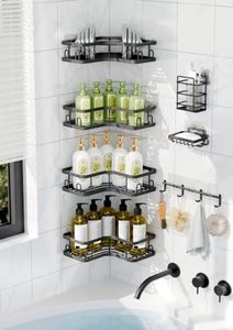 Veken Large Capacity Corner Shower Caddy 7-Pack, Advanced Rustproof Design | No Drilling Adhesive Shelves, High-Load Rack with Soap Dishes & Toothbrush holder, Bathroom Organizers and Storage, Black