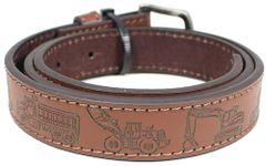 Kids Leather Belt Strap and Metal Buckle 1" Wide with Snaps - Construction Equipment Excavator Bulldozer Dinosaurs T-Rex, Brown - Construction, X-Small (16-18)