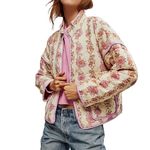 Duyang Women's Cropped Puffer Jacket Lightweight Floral Printed Open Front Quilted Coat Winter Warm Outwear, Purple, L