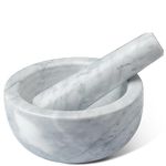 Parmedu Marble Mortar and Pestle Set: Kitchen Grinder from Natural Marble in Large Size 5.5in in Diameter - Manual Spice Grinder Pills Crusher with Pestle in White