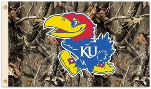 BSI PRODUCTS Kansas Jayhawks 3’x5’ Flag with Realtree Camo Background and Heavy-Duty Brass Grommets - KU Football & Basketball Pride - Durable for Indoor and Outdoor Use - Great Gift Idea, (95414)