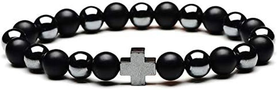 ANAZOZ Brazaletes Mujer Anchos 8 MM Pulseras de Piedras Chakras Pulseras Ágata Negra Pulsera Piedra de Lava con Cruz Negro Pulsera 18.5 CM