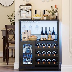 GarveeHome 3-Tier Wine Bar Cabinet with LED Lights, Detachable Wine Rack and Storage Space, Sideboard Buffet Bar with Glass Holder and Mesh Door, Liquor Cabinet for Living Room, Dining Room, Black