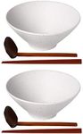 Kanwone Ceramic Japanese Ramen Bowl Set, Noodle Soup Bowls - 37 Ounce, with Matching Spoons and Chopsticks for Udon Soba Pho Asian Noodles, Set of 2, White