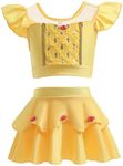 REXREII Girls Princess Swimsuits Two-Piece Tankini Set Beach Surf Birthday Swimming Party Bathing Suits Fancy Swimwear, Belle, 7-8 Years