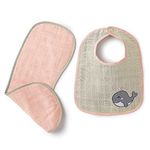 The White Cradle Baby Bib & Burp Cloth Set of 2 pcs - Large Size - 100% Organic Cotton, Soft Muslin Double Cloth, Absorbent - Embroidery Pink Whale and Solid Pink