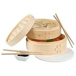 Potted Pans Bamboo Steamer Basket for Dumplings, Dim Sum, Bao Bun - 10in Japanese, Korean, Chinese Vegetable Steamer for Wok - Includes 2 Tier Cooking Steamer, Liners, Chopsticks, and Sauce Dish