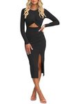 oten Women's Sexy Cut Out Twist Front Bodycon Midi Date Night Dresses Crewneck Ribbed Long Sleeve Fall Dresses Black Small