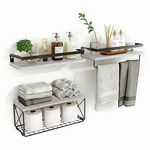 Hoiicco Bathroom Shelves with Wire Storage Basket, Floating Shelves Over Toilet with Towel Bar, Wall Shelves for Bedroom, Living Room, Kitchen and Bathroom Toilet Paper (White Black)