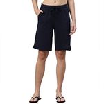 Enamor Essentials Women's Mid Rise Relaxed Fit 100% Cotton Knee Length Shorts Bermuda with Elasticated Waistband and Pockets - E080(E080-Navy-XXL)