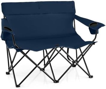 Costway Double Camping Chair, 2-Person Outdoor Folding Love seat with Cup Holders, Armrests, Carrying Bag, Portable Heavy Duty Lawn Chair for Beach, Picnic, Fishing, Travel (Blue)