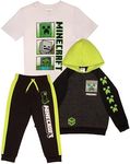 Minecraft Creeper Boys 3-Piece Bundle Set, Zip up Fashion Hoodie, Short Sleeve T-Shirt, and Jogger Sweatpants, Grey/White/Black, 14-16