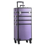 Qivange 4 in 1 Makeup Trolley Makeup Vanity Case with Detachable Makeup Box,Beauty Hairdressing Makeup Trolley on Wheels Professional Makeup Case Organiser with 360° Swivel Wheels,Purple