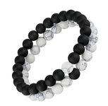 Set of 2 Womens Mens 8mm Handmade Couples Distance Beads Bracelets Friendship Couple Jewelry Round Energy Stone Beads Gemstone Beaded for Valentine Birthday (White Howlite & Black Matte Agate)