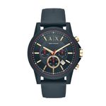 Armani Exchange Men's Chronograph Dress Watch with Leather, Steel or Silicone Band, Gold/Blue Silicone, Blue Silicone