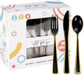 WDF 180 Pieces Black and Gold Plastic Silverware -Halloween Black Plastic Cutlery Incluede 60 Forks 60 Knives 60 Spoons Heavy Duty Disposable Flatware - Gold Utensils for Halloween/Party/Daily Use