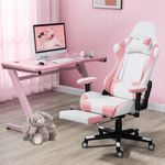 ECOTOUGE PC Gaming Chair with Footrest Ergonomic Office Desk Chair Racing Leather Recliner Swivel Rocker with Headrest and Lumbar Pillow for Girls, Pink-White