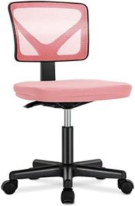 DUMOS Armless Desk Wheels Cute Home Office Chairs, Ergonomic Adjustable Swivel Rolling Task, Comfy Mesh Mid Back Computer Work Vanity Chair for Small Spaces, Pink