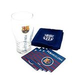 FC Barcelona Official Wordmark Mini Football Bar Set (Pint Glass, Towel & Beer Mats) (One Size) (Clear/Blue/Scarlet)