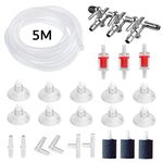 Aquarium Air Flow Control 24 in 1 Kit, including 3-Way Air Valve Distributors, 5M Airline Tube Hose, 3 Non-return Check Valves, 3 Air Bubble Stone, 10 Suction Cups & 6 Connectors for Fish Tank Pumps