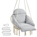 SONGMICS Hanging Chair, Hammock Chair with Large, Thick Cushion, Boho Swing Chair for Bedroom, Patio, Balcony, Garden, Living Room, Holds up to 264 lb, Cloud White and Gray UGDC042G01