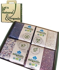 Organic Thai Jasmine Rice Gift Set - 4 Kinds of Rice - Brown Jasmine - Red Jasmine - Black Jasmine Riceberry - Mixed Jasmine Rice - 4 LB Let's Go