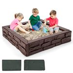 COSTWAY Kids Sandbox, 120 x 120cm Sandpit with Cover, Bottom Liner, Weather Resistant Outdoor Sand Play Station for Backyard Garden Beach (Brown)