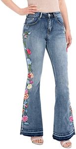 Women's Floral Embroidered Flared Jeans for Women Curvy Bootcut Wide Leg Jeans Bell Bottoms Light Washed Blue 4