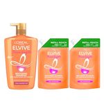 L’Oréal Paris Elvive Dream Lengths Shampoo XL 1L with 2x Refill Pouches 500ml for Long Damaged Hair, Nourishing & Strengthening to Prevent Hair Breakage, Enriched with Castor Oil