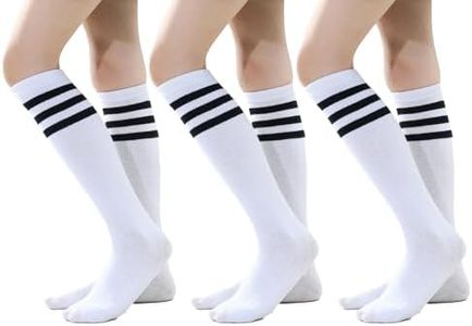 TOCONFFON Knee High Tube Socks for Boys Girls Teens, Kids Soccer School Cotton Uniform Sports Socks 3,4 Pairs(Black Strips 3 Pairs,2-4)