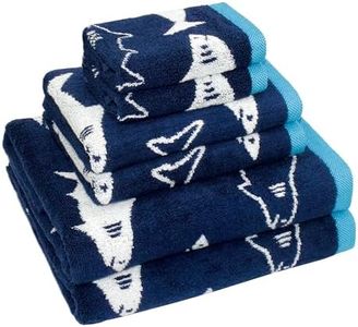 ORIGINAL KIDS 6 Piece Towel Set - Bath Time Shark Attack- 2 Bath Towel, 2 Hand Towel, 2 Washcloth in Bonus Tote Bag- 100% Cotton Jacquard Soft Reversible Absorbent Pool Beach Towel Gift - Navy Blue