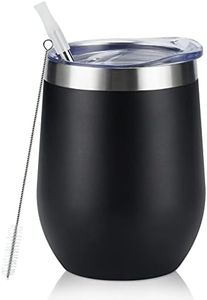 Stainless Steel Wine Tumbler 12Oz, Double Wall Vacuum Insulated Wine Tumbler with Lid and Straw, Stainless Steel Stemless Wine Glass for Wine, Coffee, Cocktails, Champaign, Ice Cream, Black