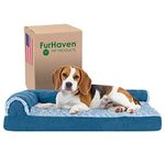 FurHaven Pet Dog Bed - Deluxe Cooling Gel Memory Foam Two-Tone Plush and Suede L Shaped Chaise Lounge Living Room Corner Couch Pet Bed with Removable Cover for Dogs and Cats, Marine Blue, Medium