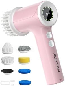 PUFTEM Shower Scrubber, Electric Spin Scrubber for Bathroom Cleaning – Cordless Shower Cleaner Brush with 6 Brush Heads, Dual-Direction Rotation, for Grout, Tile, Tub, Sink & Corners, Pink
