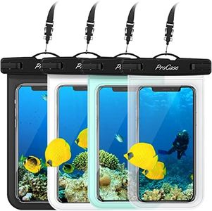 ProCase 4 Pack Waterproof Phone Pouch Dry Bag Underwater Case for iPhone 15 14 13 12 Pro Max 11 Pro Max 13 Mini Xs Max XR X 8 7, Galaxy S23 S22 S21 Ultra Note up to 7" -Black White Green Clear