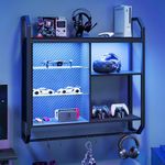 Bestier Gaming Floating Shelves, 34" LED Wall Mounted Shelf with Adjustable Glass Shelf, Pipe Shelves Hanging Display Rack with 6 S-Hook, Gaming Room Decor Coffee Bar Carbon Fiber Black