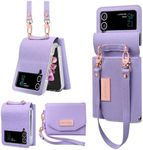 XIMAND for Samsung Galaxy Z Flip 4 Wallet Case with Built-in Leather Cash Slot and Credit Card Holder. Wristlet Strap and Hinge Protection, Carrying Handbag Phone Case for Women Ladies.(Purple)