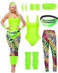 Hercicy 7 Pcs 80s Workout Costume 80s 90s Leotard Legging Headband Wristbands Leg Warmers Earrings Fanny Pack(Small)