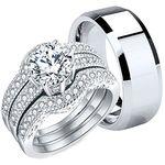 MABELLA Couples Rings Her Halo CZ Sterling Silver Engagement Wedding Ring Sets His Stainless Steel Bands