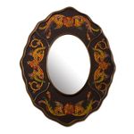 NOVICA Artisan Handmade Reversepainted Glass Wall Mirror Black Floral from Peru Wood Decor Mirrors [Frame 9.75in H x 7.75in W x 0.6in D Mirror 3.5in W x 4.9in H] ' Black Colonial Wreath'