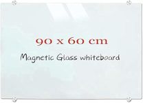 REDSCAPE Magnetic Glass Whiteboard, Wall Mounted Glass Dry Erase White Board, Frosted White Surface, Frameless Glass Board With 4 Markers, 2 Magnets, 1 Eraser, 3X2 Feet (90 X 60 Cm) (White)