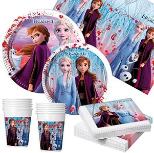 Disney - Vajilla Frozen infantil, Fiesta cumpleaños niña, Frozen cumpleaños, Decoración cumpleaños niñas Frozen, platos, vasos, servilletas, mantel, 16 comensales, desechables, 89 pcs (71991)