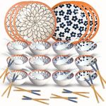 YELONA Japanese Ramen Porcelain Dinner Set with 12 Soup Bowls | 12 Soup Spoons | 12 Chopsticks | 6 Plates | Microwave Safe for Lunch, Dinner, Festive Gifts (42 pcs)