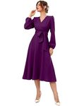 Vivvli Women's Polyester A-line V-Neck Bishop Sleeve Midi Belted Dress (Wine, Large)