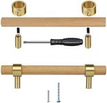 foxwake Natural Wood Kitchen Cabinet Handles 2~5 Inch 4Set Center to Center Adjustable Double Hole Euro Scandi-Modern Dresser Knob, Unfinished DIY Drawer Pull, Brushed Brass Base