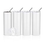 PYD Life Sublimation Blanks Skinny Tumbler White 20 OZ Straight Stainless Steel Tumbler with Metal Straw for Mug Tumbler Heat Press Machine Sublimation Printing 4 Pack