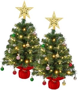 2PCS Small Christmas Tree with Lights, 2ft Mini Tabletop Christmas Tree with Star Topper and Baubles for Home Kitchen Dining Table Decor