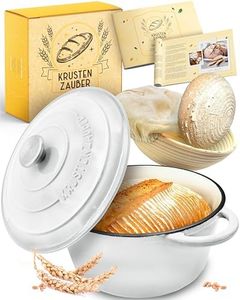 KRUSTENZAUBER Gusseisen Topf Brot backen emailliert inkl. Gärkorb - 26cm Emaille-Topf samt Zubehör - Ideal als Brotbacktopf, Brottopf, Brotbackform mit Deckel, Gusseisentopf Brotbacken, Schmortopf