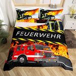 Loussiesd Fire Department Themed Bedding Set, Fire Truck Bedding Single for Boys Kids Teens Room Decorative Vehicle Car Duvet Cover Set, Cool Firemen Bedding